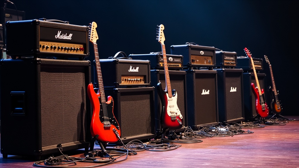 A lineup of guitar, bass, and keyboard amplifiers set up on a concert stage with cables and equipment ready for a live show.