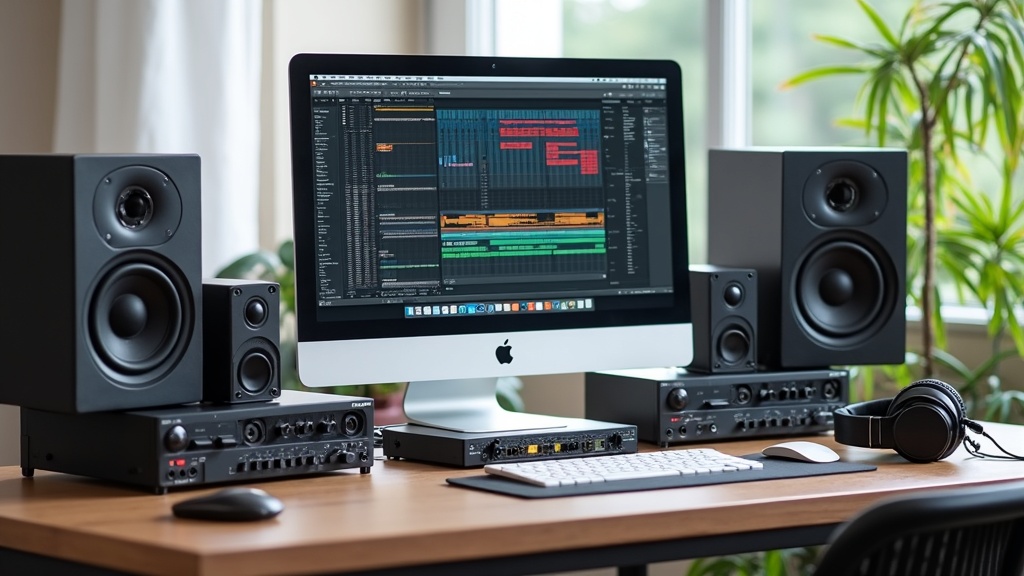 A Mac desktop computer setup with audio interfaces, speakers, and headphones arranged neatly on a desk